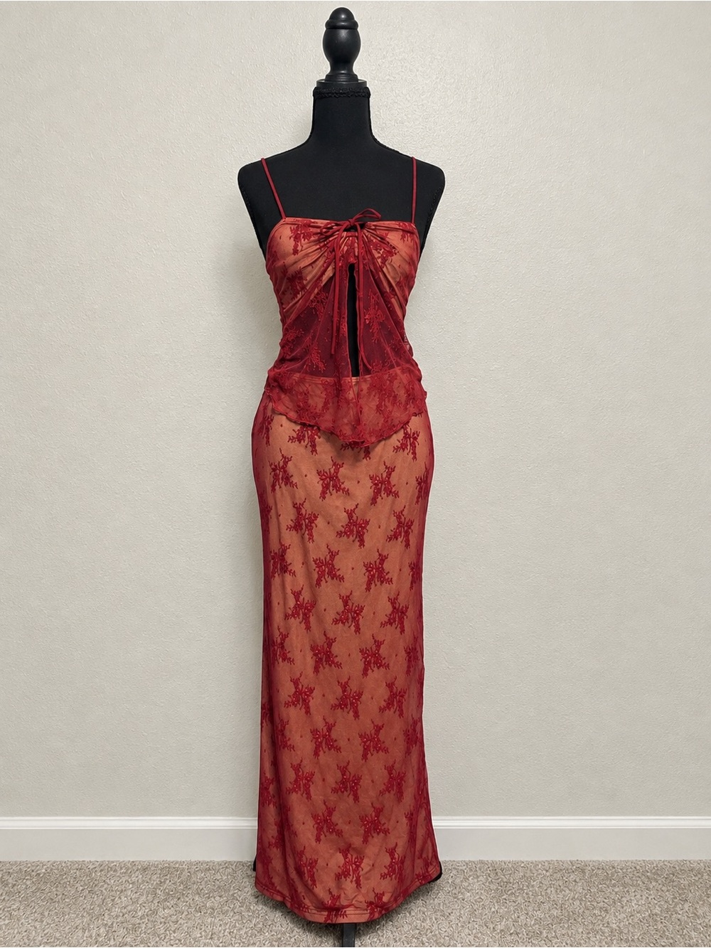 Cider Red Lace Sheer Tie-Front Slip Dress 2pc